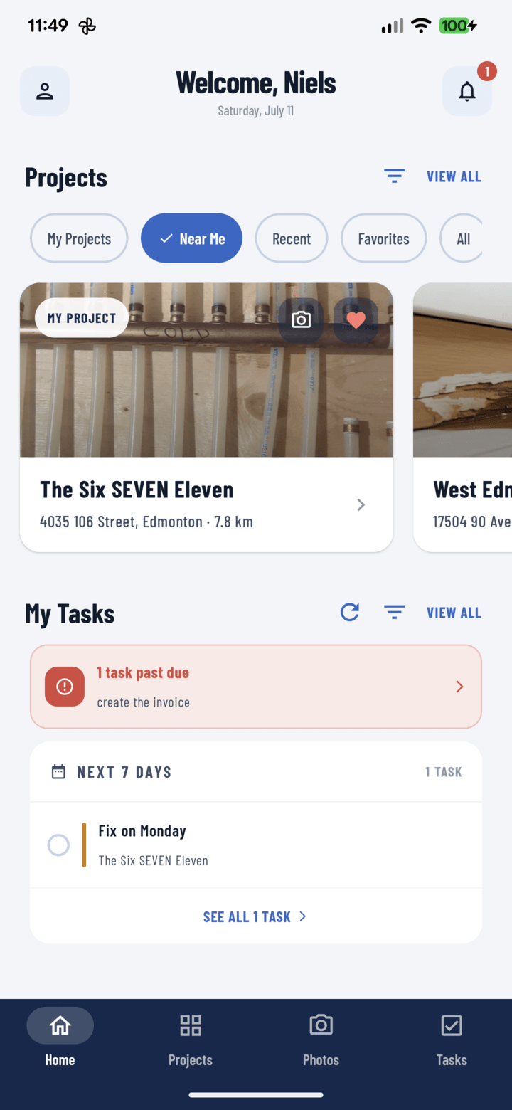 CrewBox home dashboard with Near Me projects on a phone