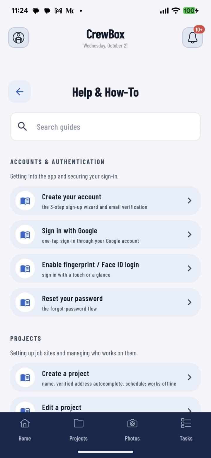 The Help & How-To screen in the CrewBox app with a search box and guide categories