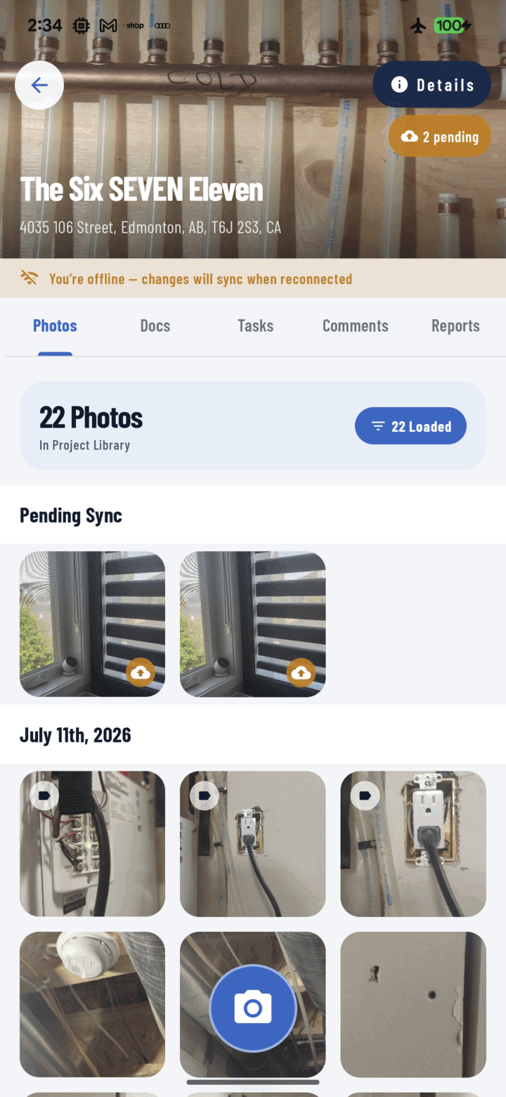 CrewBox pending photos syncing in the background on a phone