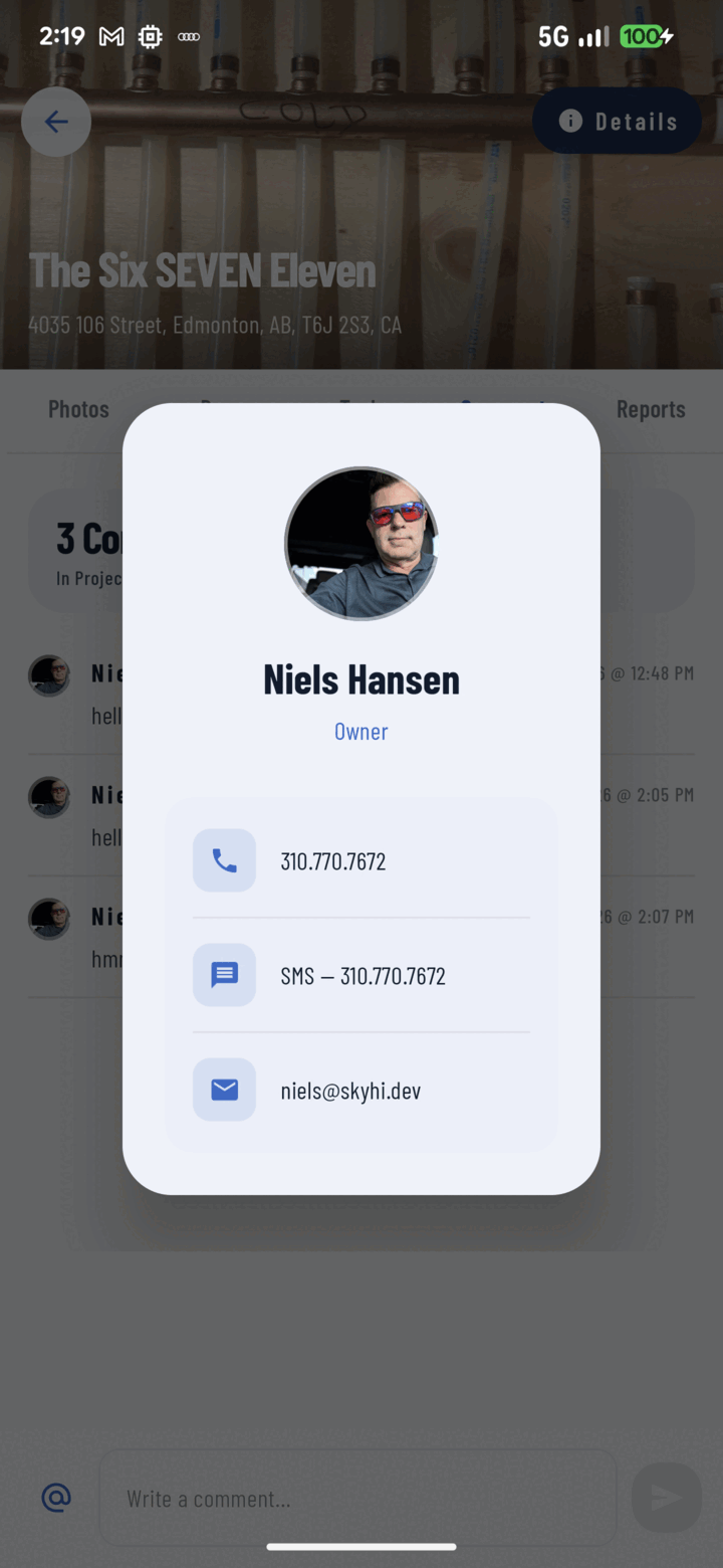 Person card with a crew member's name, role, and Call, SMS, and Email buttons