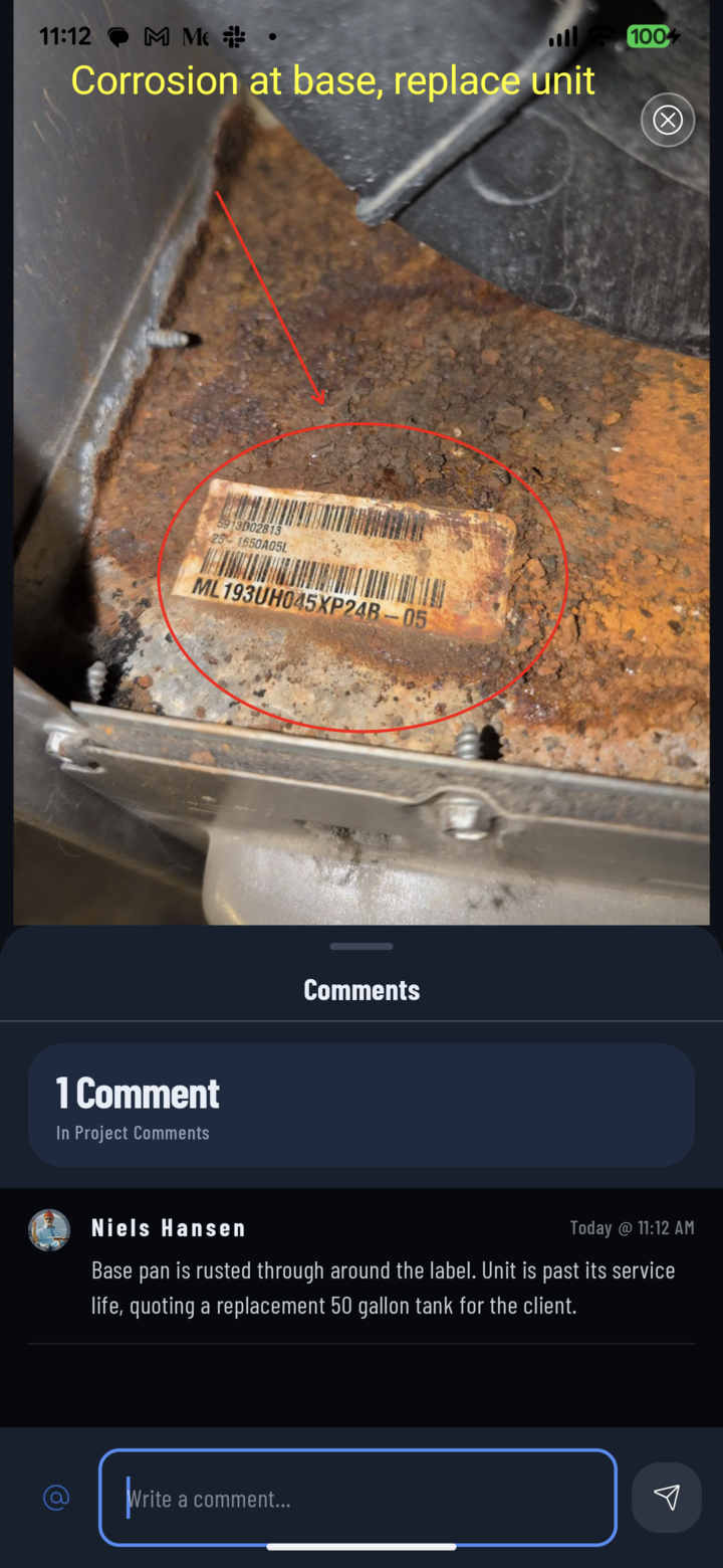 A marked-up water heater photo with its comment thread open