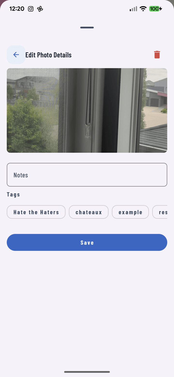 Edit Photo Details screen for a queued capture with tag chips
