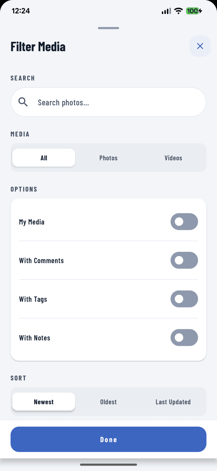 CrewBox tag filtering sheet on a phone
