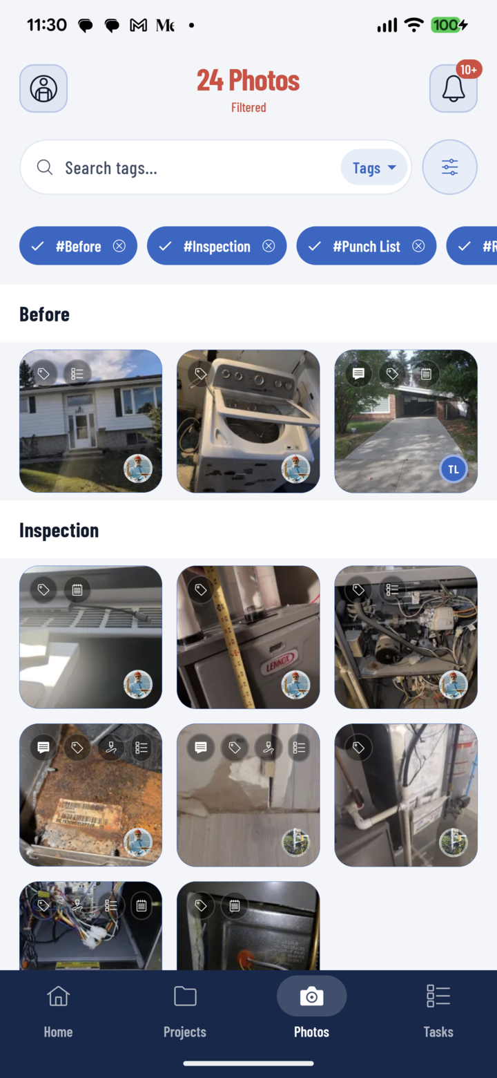 Photos grid grouped by tag, with small icons on the tiles marking comments, notes, and tags