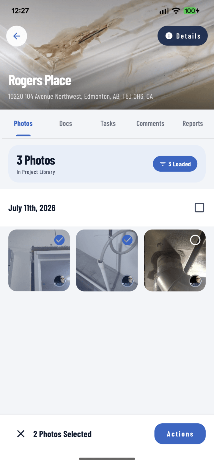 CrewBox job site photo library with multi-select on a phone