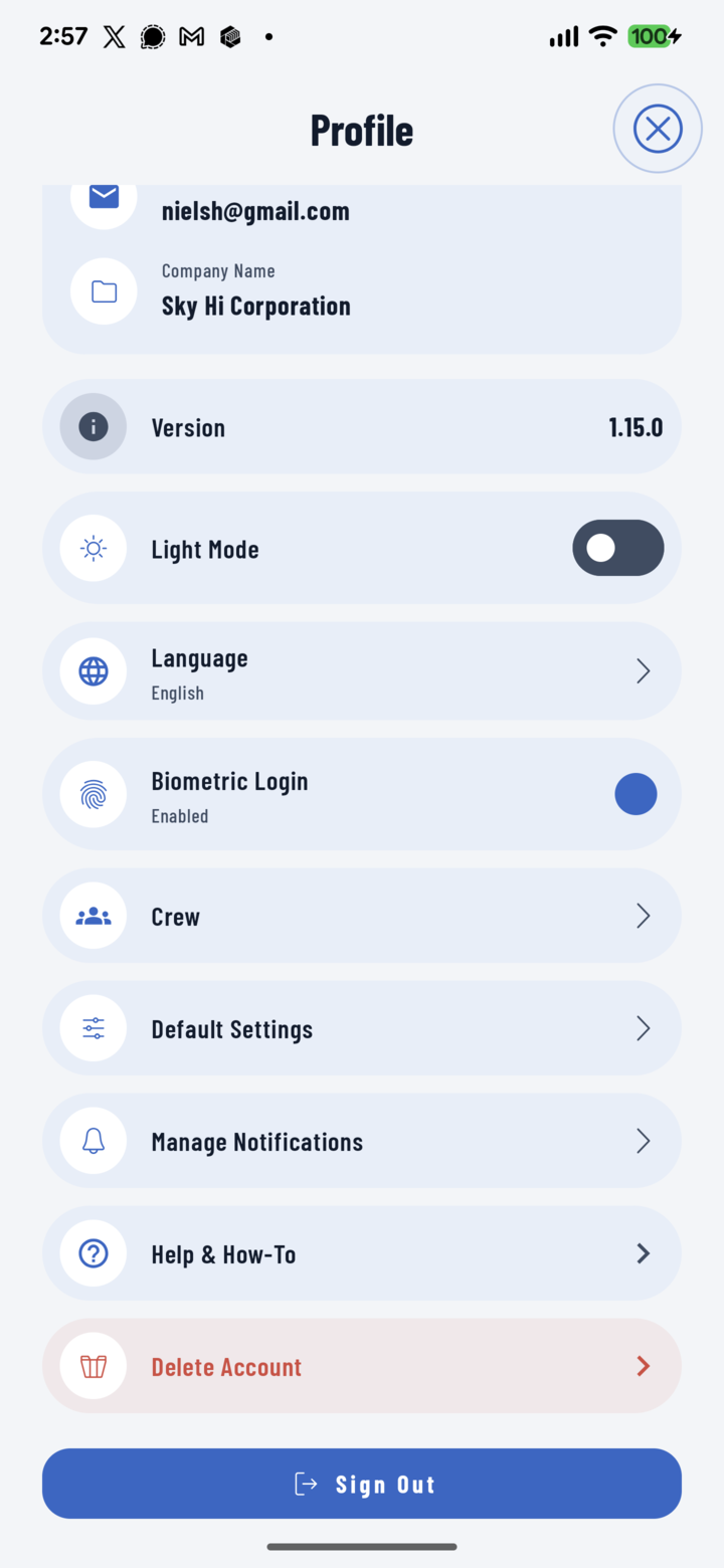 Bottom of the Profile screen with the red Delete Account row
