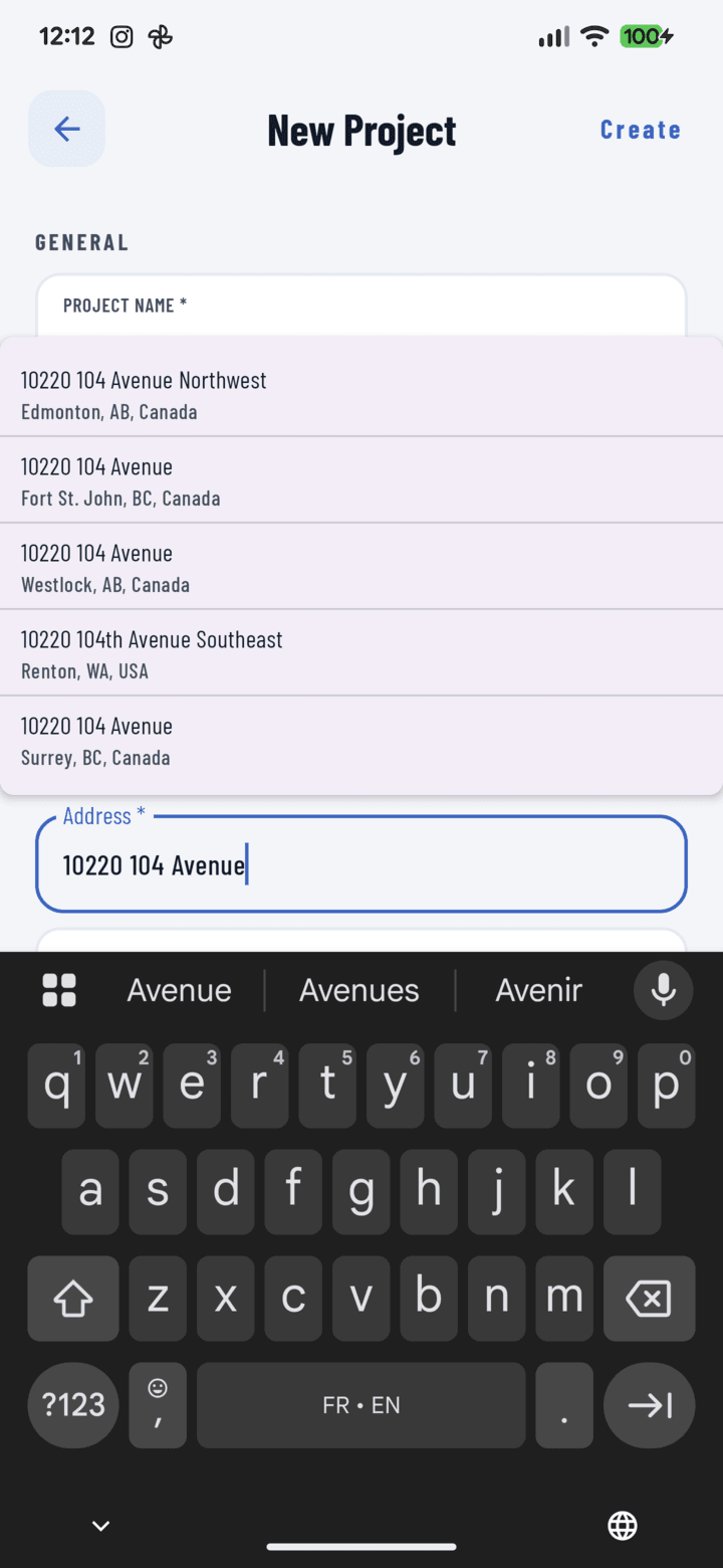 Verified address suggestions appearing below the address field as you type