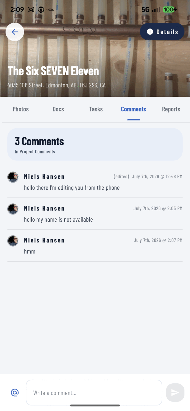 CrewBox project comments and mentions on a phone