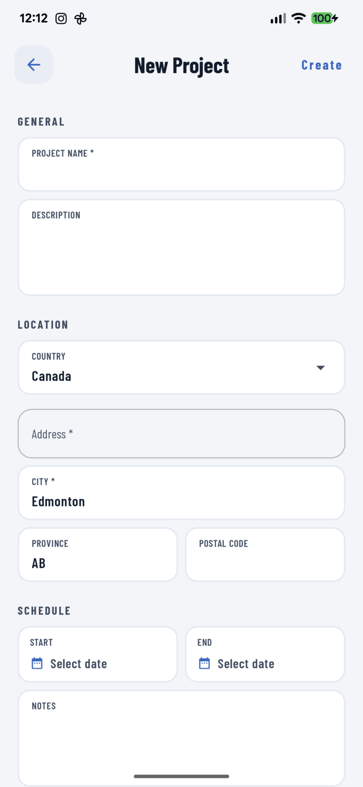 The New Project form with General, Location, and Schedule sections