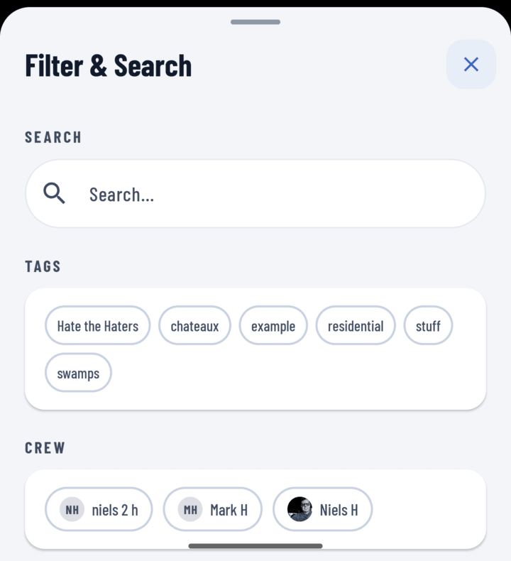 La feuille Filtres & Recherche avec le champ de recherche et les filtres par étiquette et par opérateur