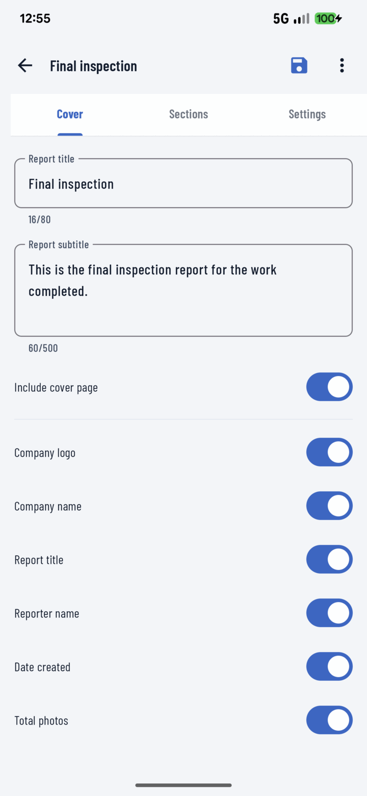 Report Cover tab with toggles for cover page, logo, name, title, reporter, and date