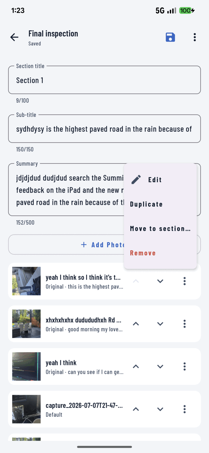 Photo options menu with Edit, Duplicate, Move to section, and Remove