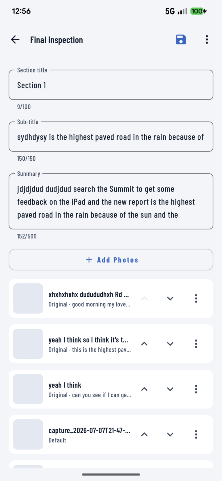 Report section editor with photo rows, each showing an editable caption