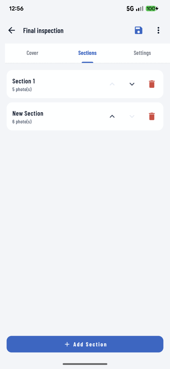 Report Sections tab with up and down reorder arrows on each section