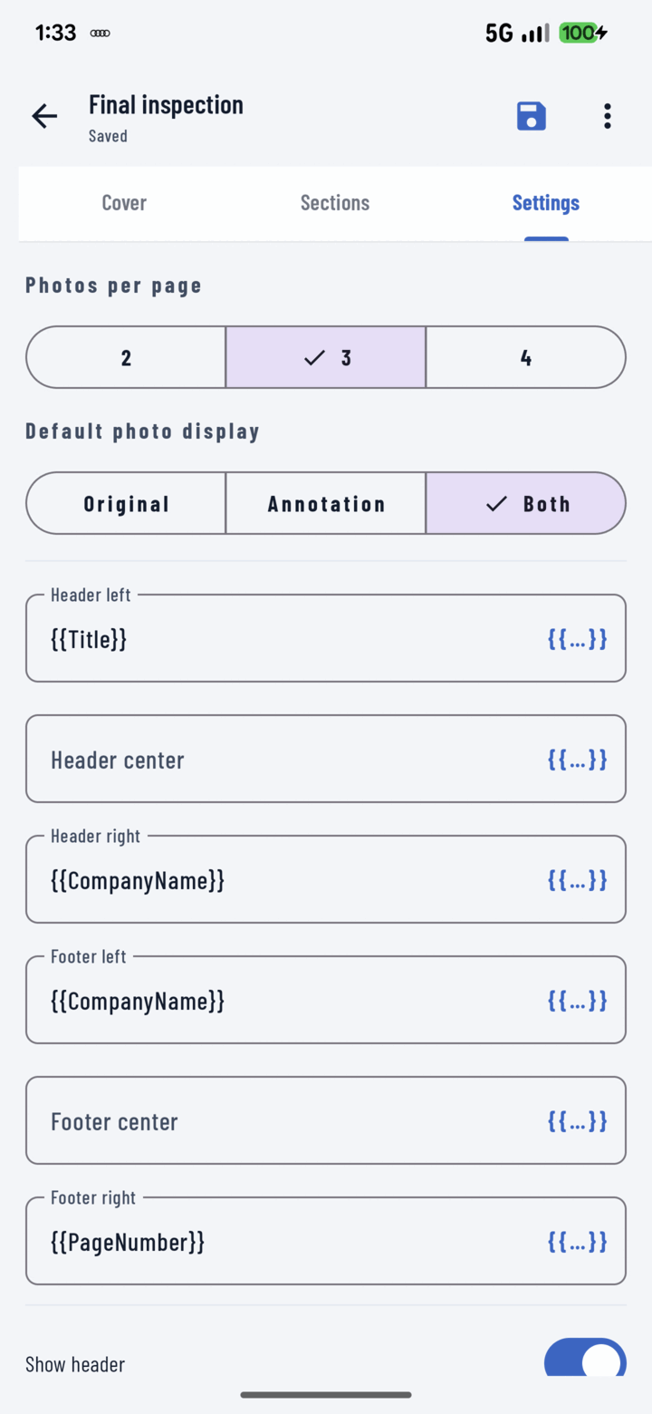 Report Settings tab with a Default photo display choice of Original, Annotation, or Both