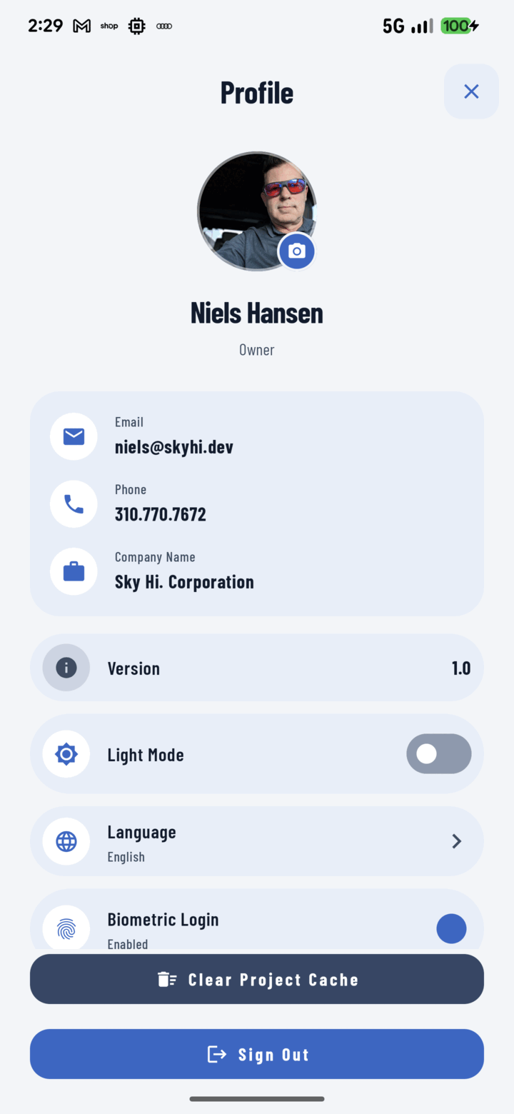 Profile screen with a Clear Project Cache button