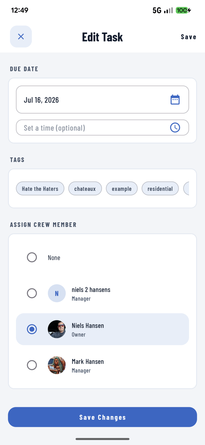 Assign Crew Member list with radio options for each person