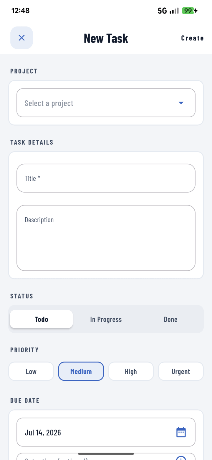 New Task form with project, title, description, status, priority, and due date fields