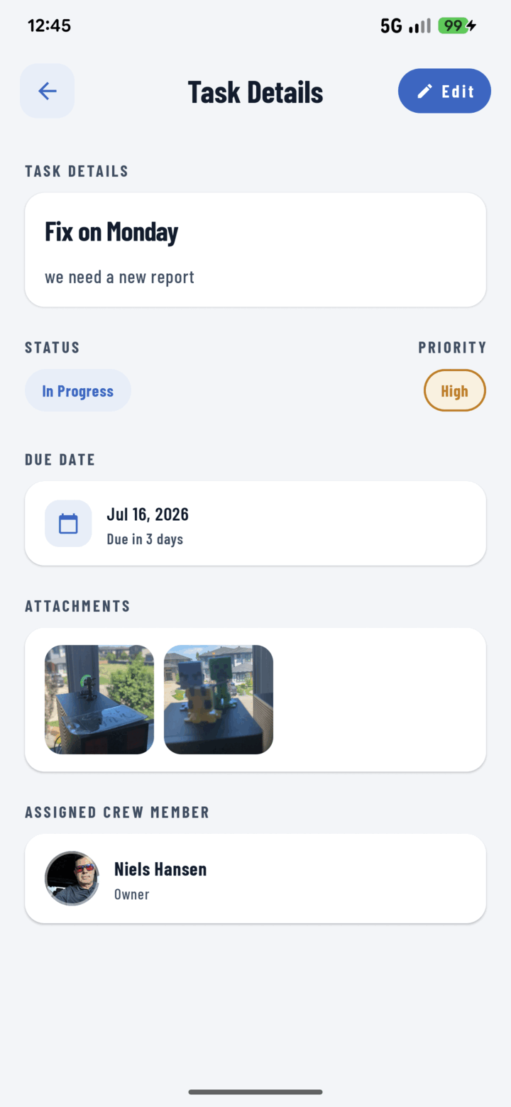 Task Details screen showing status, priority, due date, attachments, and the assigned crew member