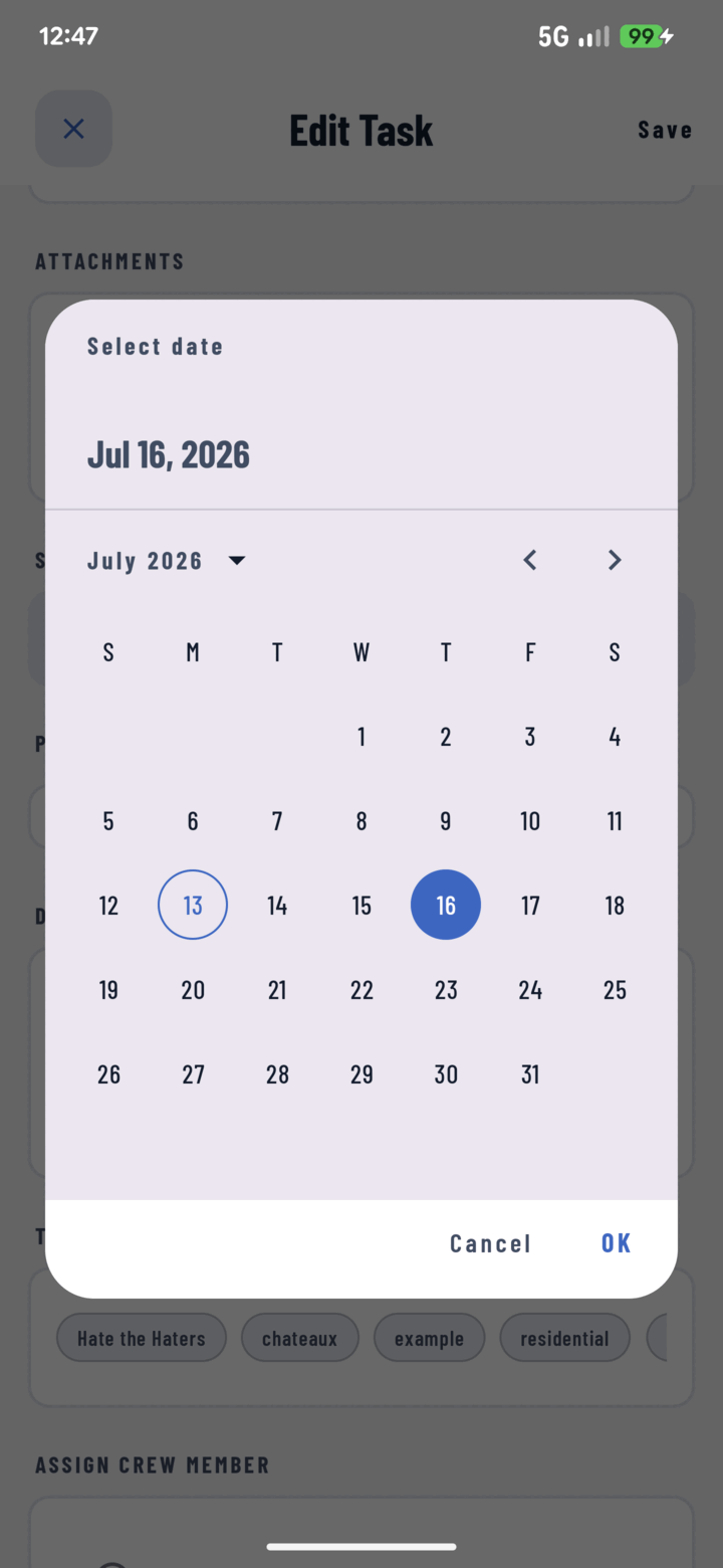 Calendar date picker for choosing a task's due date