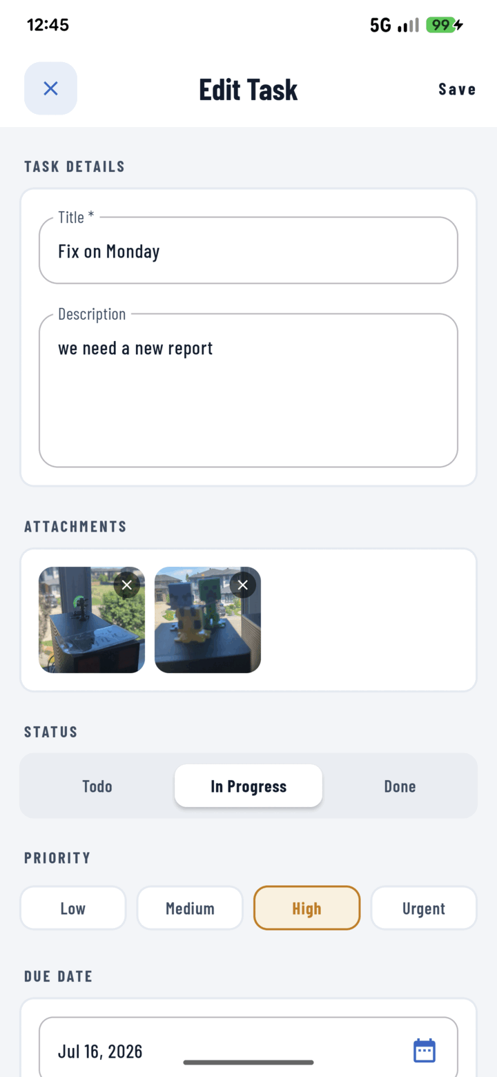 Edit Task screen showing the Attachments row with photo thumbnails
