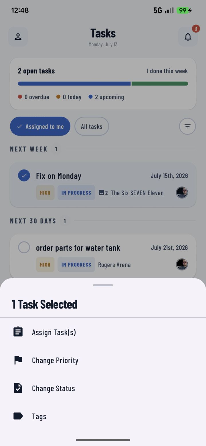 Bulk actions sheet with Assign, Change Priority, Change Status, and Tags options