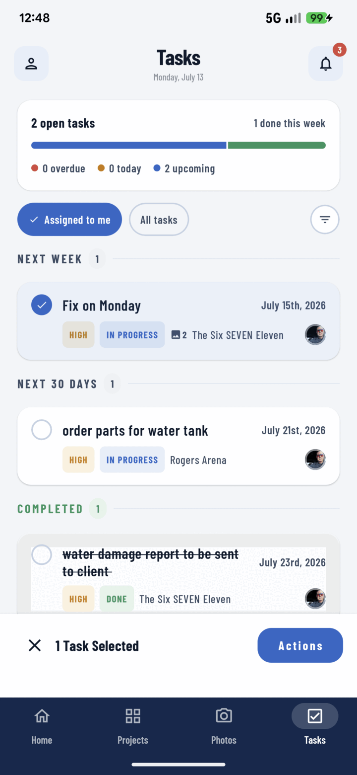 Task list in multi-select mode with one task selected and a selection bar at the bottom