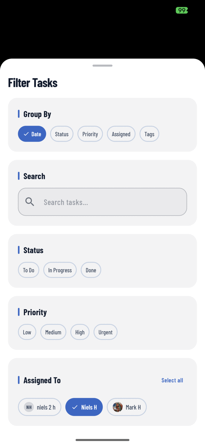 Filter Tasks sheet with Group By, Search, Status, Priority, and Assigned To options