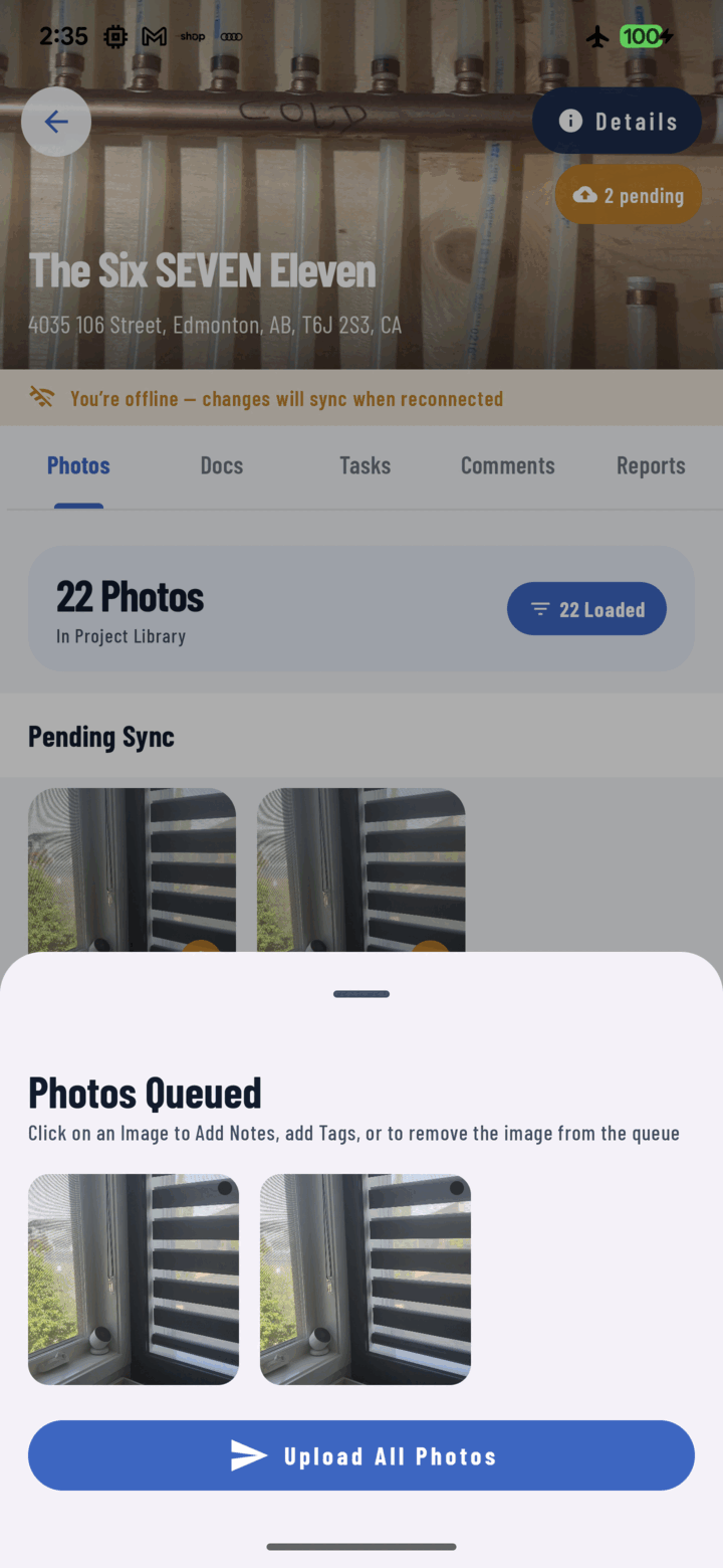 Photos Queued sheet with queued thumbnails and an Upload All Photos button